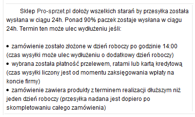 czas wysyłki produktów opis