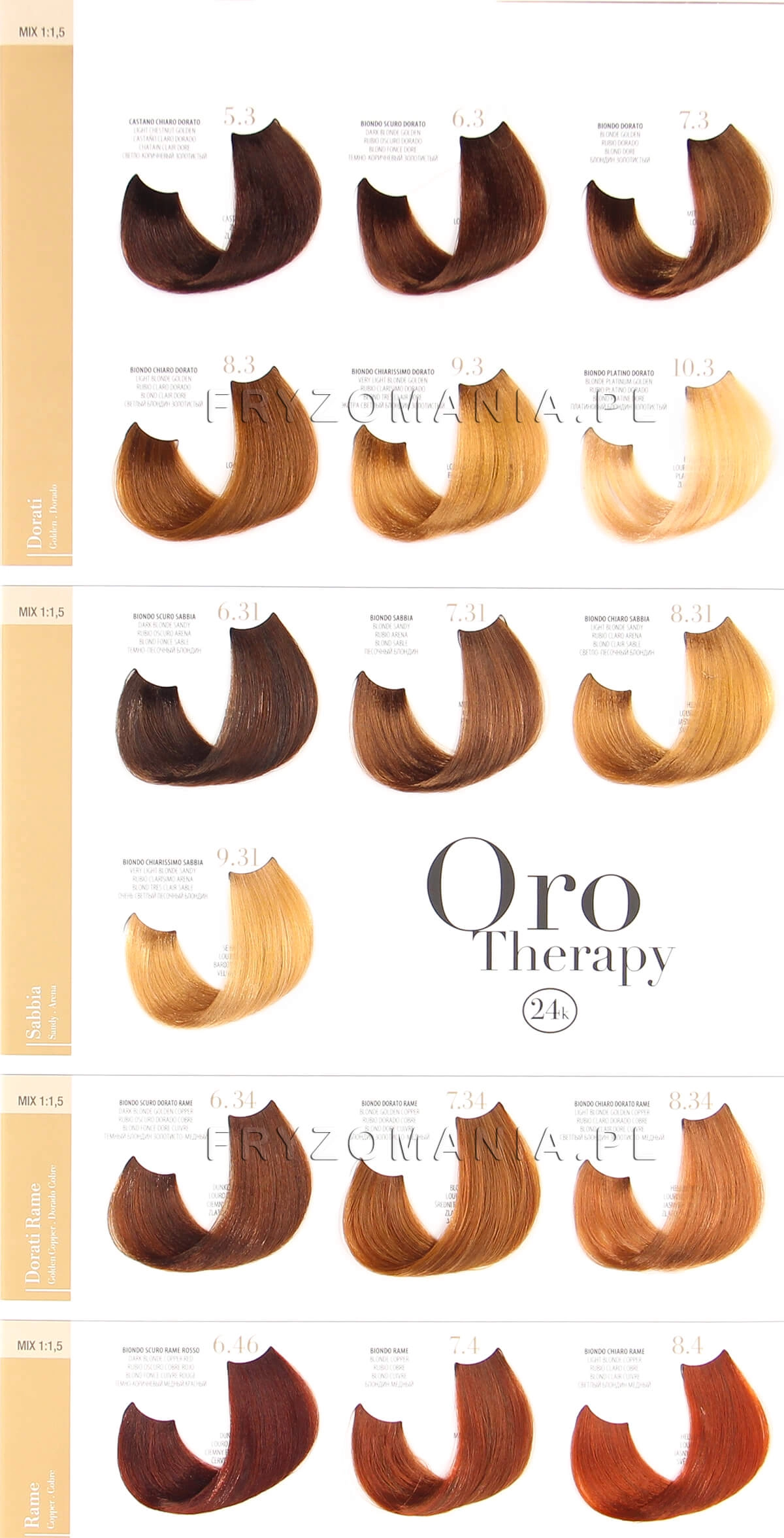 Paleta kolorów Fanola Oro Therapy Dorati bez amoniaku