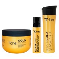 Zestaw Tahe Botanic Gold do pielęgnacji włosów bardzo zniszczonych i suchych, szampon, maska, olejek