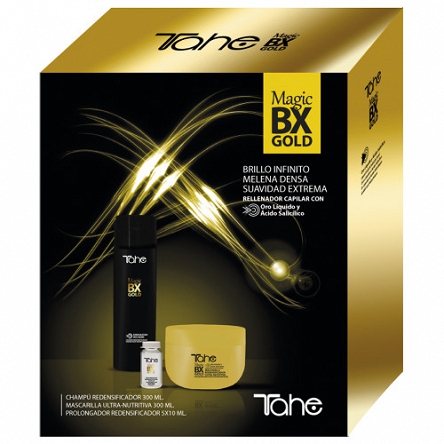 Zestaw Tahe MAGIC BX GOLD do pielęgnacji po kuracji botox Magic Bx Gold - Seria kosmetyków do zabiegów regenerujących zapewiajacych połysk, pogrubienie i miękkość Tahe 8426827800067